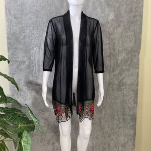 Santory Open Front Cardigan Women  L Sheer crochet red floral hem steampunk Goth